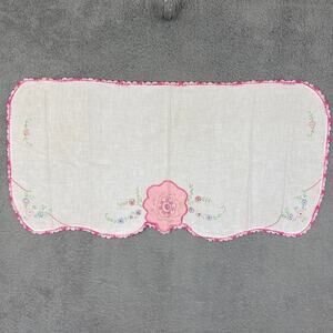 Vintage Needlepoint Floral Table Cloth Table Runner Handmade Linen Blend Cottage